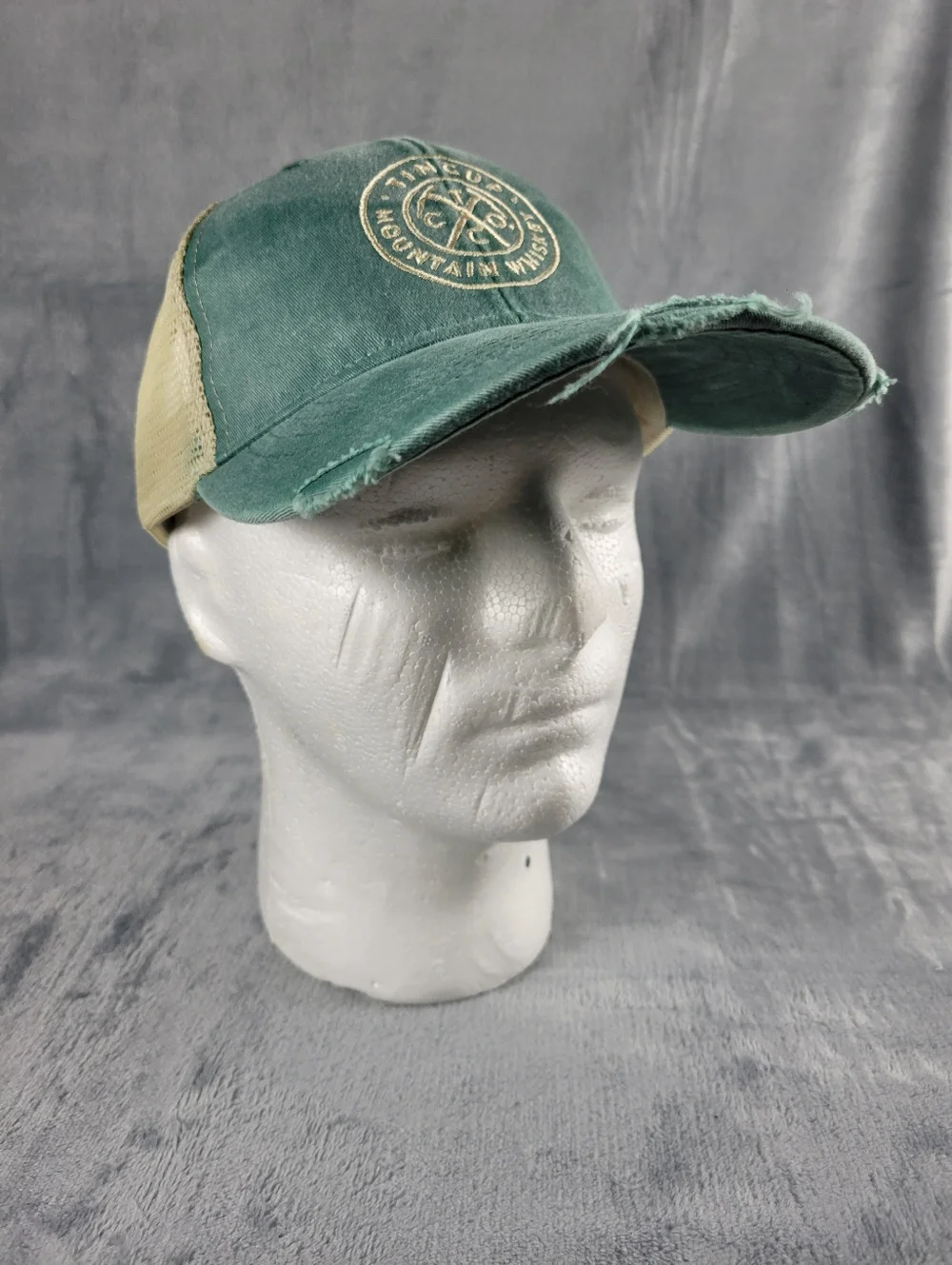 NWT Adams Tin Cup Mountain Whiskey Tan Green Distressed Snapback Trucker Hat